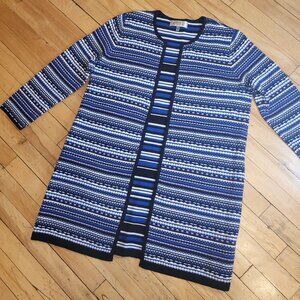 Kasper Blue Striped Cardigan Sweater Large Cotton Blend Button Front Geometric